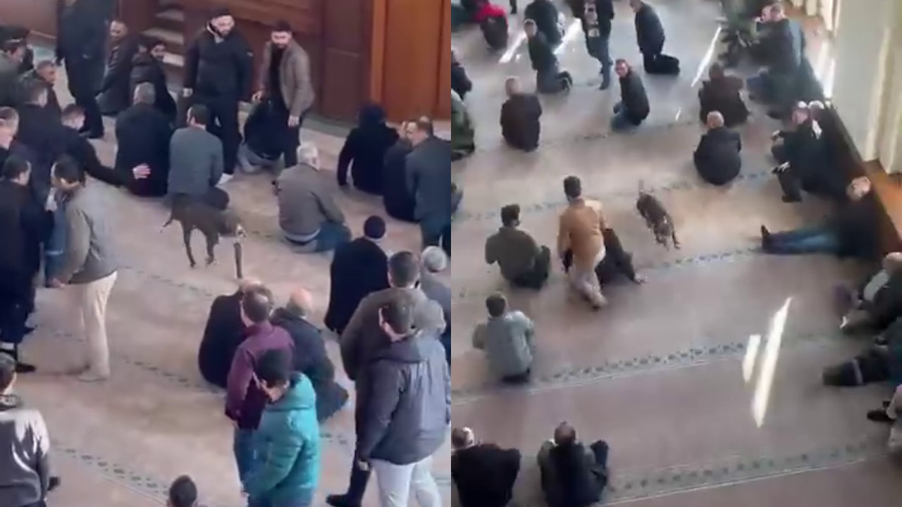 Cuma vaazı sırasında camiye pitbullun girdiği anlar kamerada