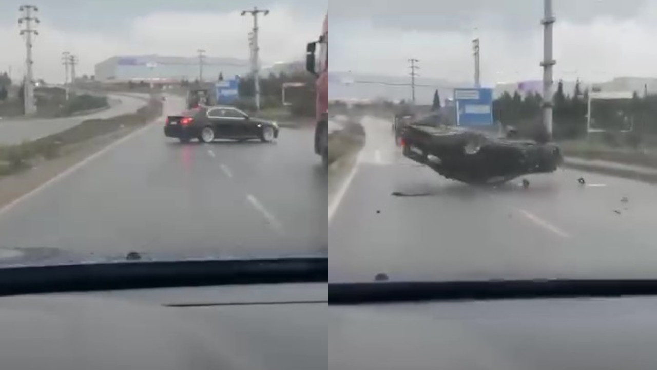 Yağışlı yolda makas atan otomobil tepetaklak oldu