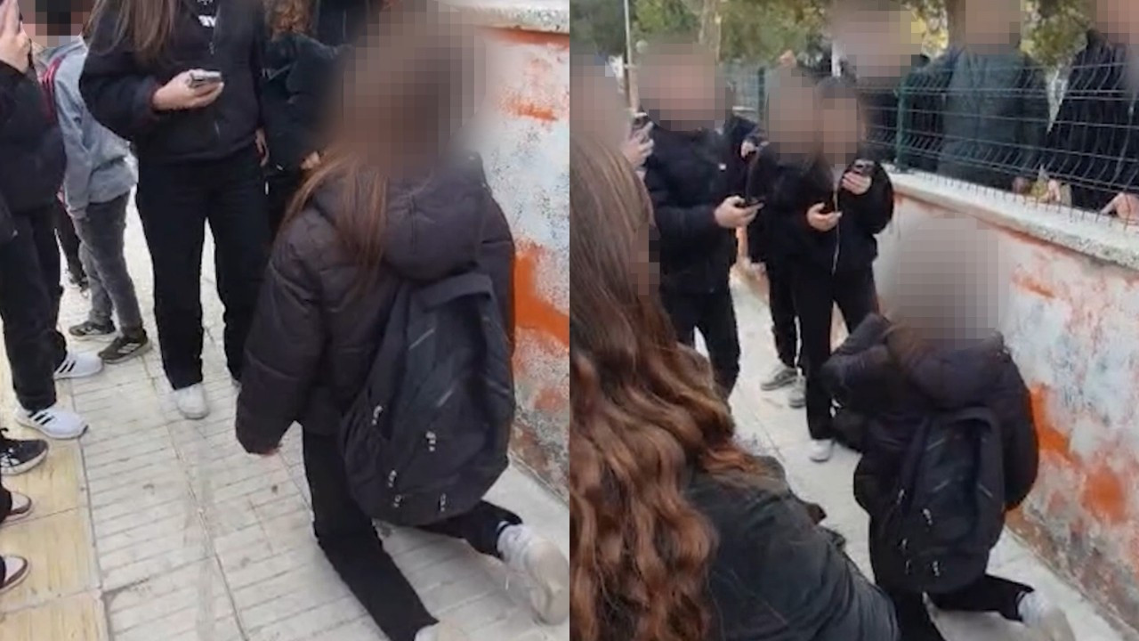 Okul önünde akran zorbalığı kamerada: Diz çöktürüp zorla özür dilettiler