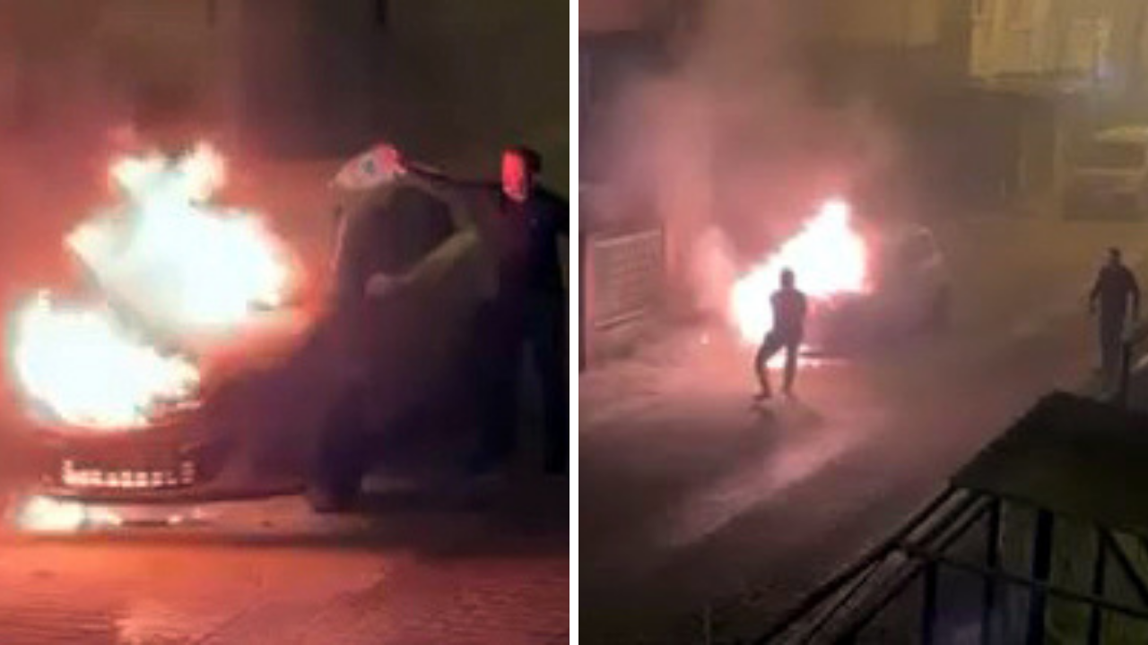 Yanan araca pet şişeyle müdahale etti