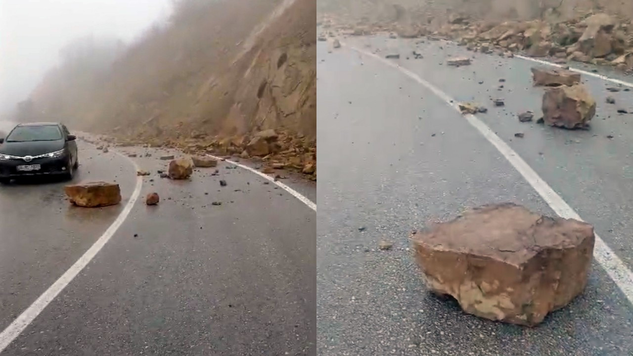 Tokat’ta yağış sonrası kaya parçaları yola yuvarlandı