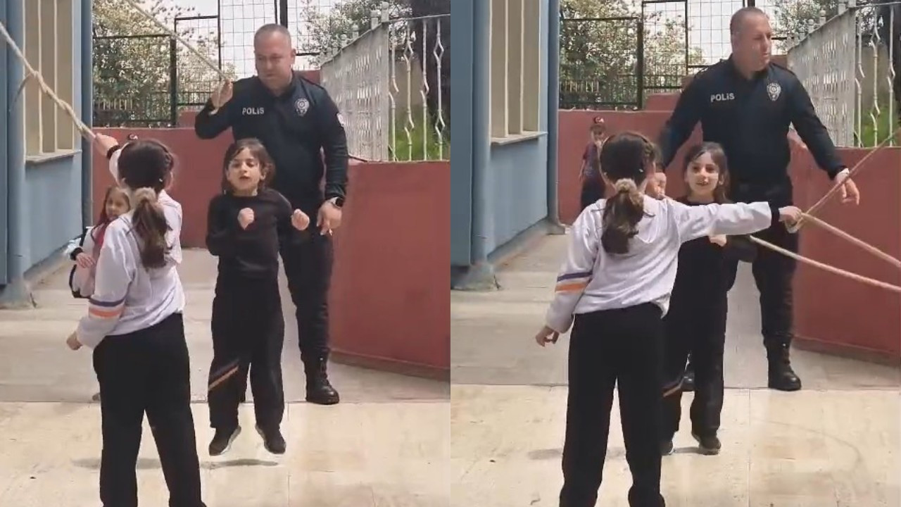 Öğrencilerle teneffüste ip atlayan polis, gönülleri fethetti