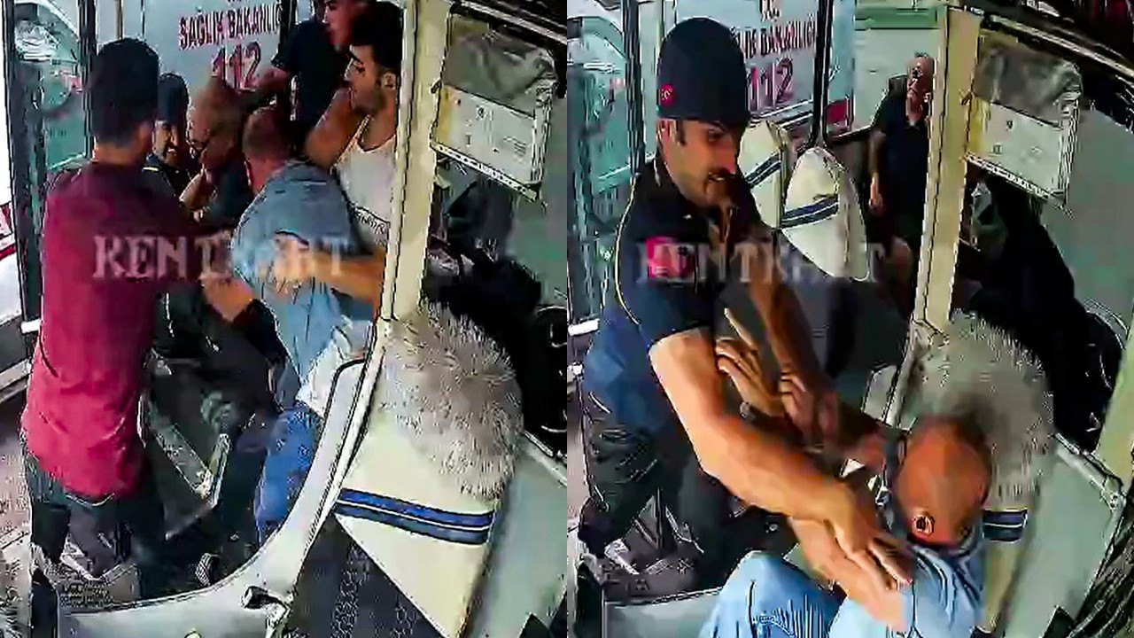 Ambulans ve özel halk otobüsü şoförlerinin kavgası kamerada