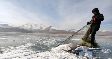 Ardahan'da eski 20 derecede Eskimo usulü balık avı!