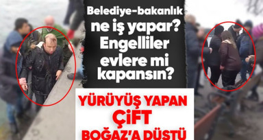 Emirgan Sahili'nde yürüyüş yapan görme engelli çift merdiven boşluğunu fark edemedi: Denize düştüler!