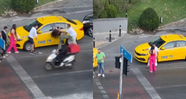 Beyoğlu'nda taksici ile kadınların kavgası kamerada
