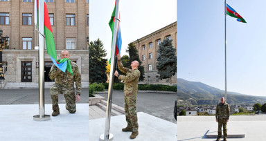 İlham Aliyev, işgalcilerin başkent olarak gördüğü Hankendi'de Azerbaycan bayrağını göndere çekti