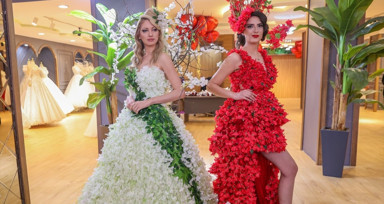 Diyarbakır'da Sevgililer Günü dolayısıyla yapay çiçeklerden tasarlanan gelinlikler sergilendi