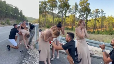 Antalya'da sevgilisine evlilik teklifi eden gencin sürprizi sosyal medyayı salladı! Tekme tokat daldı