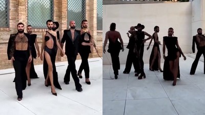 Erkek modeller göğüs ve sırt dekolteli kadın abiyelerle boy gösterdi! İzleyenlerin midesi bulandı