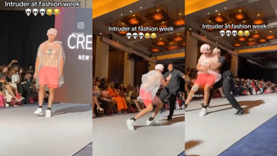 Moda haftasında görülmemiş şaka! Çöp poşetiyle podyuma çıktı herkes defilenin bir parçası sandı