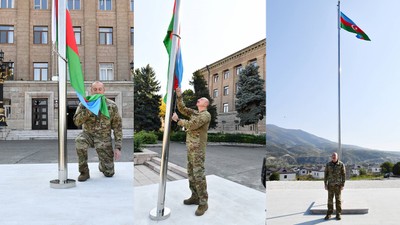 İlham Aliyev, işgalcilerin başkent olarak gördüğü Hankendi'de Azerbaycan bayrağını göndere çekti