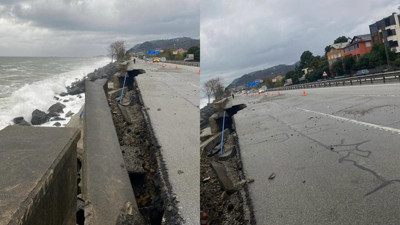 Karadeniz Sahil Yolu'nda fırtınanın bıraktığı hasar gün ağarınca ortaya çıktı! Yol çöktü, duvar yıkıldı...