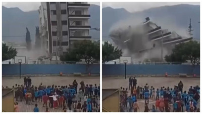 Okul yanında kontrollü yıkım; bahçedeki öğrenciler koşarak kaçtı