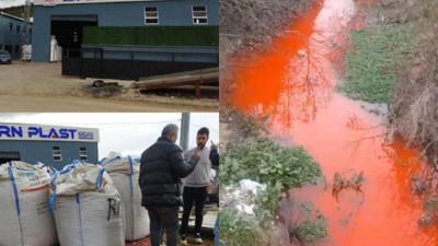 Bursa'da fabrikalardan dökülen kimyasallar dereyi kızıla boyadı