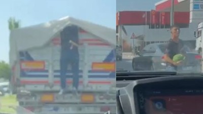 Konum şaşırtmadı: Kırmızı ışıkta duran kamyondan karpuz çaldı