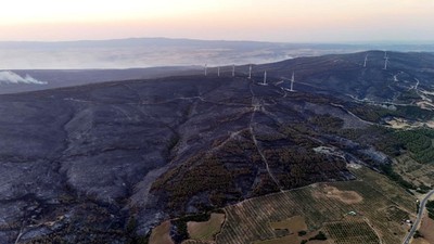 Tekirdağ Şarköy'de orman yangınının büyüklüğünü gösteren kareler