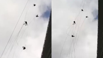 Ümraniye'de korku dolu anlar: Gökdelenin camlarını temizlerken kuvvetli rüzgara yakalandılar