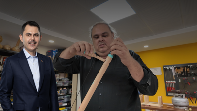 Bakan Kurum görüntüleri paylaştı: Atık malzemeler onun ellerinde melodiye dönüşüyor