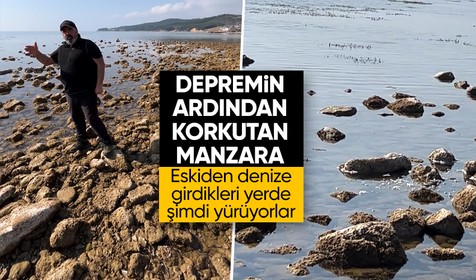 Kahramanmaraş depreminin ardından Ege Denizi'nde meydana gelen depremin ardından korkutan görüntü: Deniz suyu metrelerce çekildi