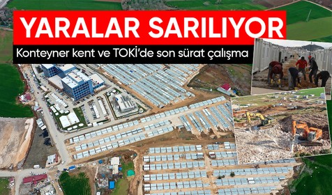 Kahramanmaraş merkezli depremlerin ardından Pazarcık'ta konteyner kent ve TOKİ konutlarının yapım çalışmaları sürüyor