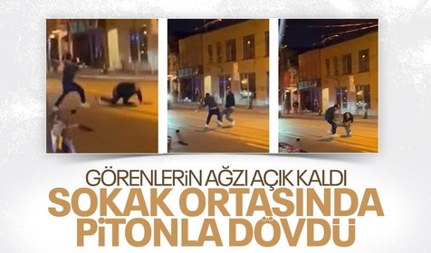 Böylesi görülmedi! Boynunda pitonla dolaşan adam kabus oldu! Sokak ortasında pitonu kırbaç gibi kullanarak dövdü!
