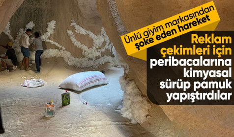 Kapadokya'da skandal görüntü! Ünlü giyim markası reklam çekimleri için peribacalarına pamuk yapıştırdı