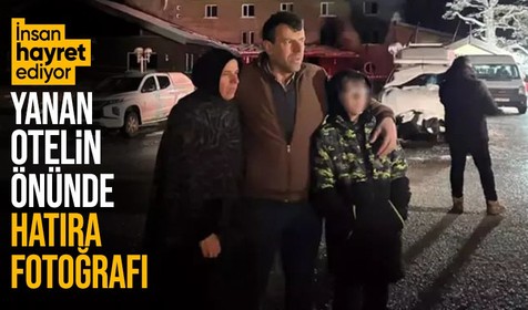Bolu'daki yanan oteli görmek için fazladan 30 kilometre giden aile bir de hatıra fotoğrafı çektirdi