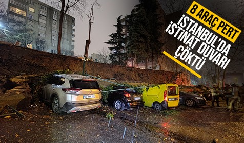 Beşiktaş'ta istinat duvarı, park halindeki 8 aracın üzerine yıkıldı