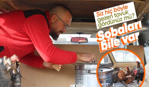 Otomobille gezdirdiği tavukları üşümesin diye aracına odun sobası kurdu