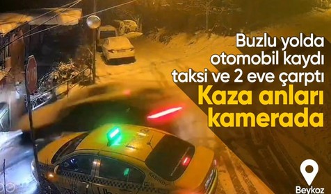 Beykoz'da olaylı gece! Buzlu yolda kayan otomobil taksi ve 2 eve çarptı: O anlar kamerada