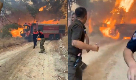 İtfaiye aracı alevler arasında kaldı, itfaiye erleri canını zor kurtardı