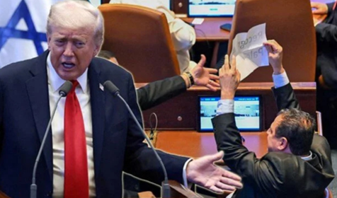 İsrail meclisinde Trump'a soykırım protestosu: Konuşurken "Filistin'i tanıyın" pankartı açtılar