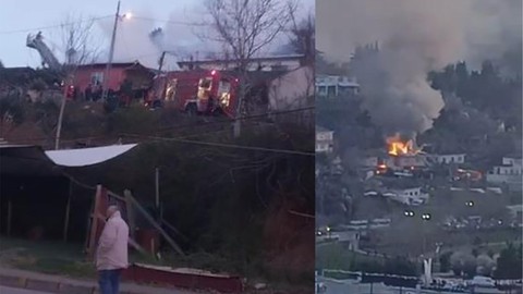 Gecekondunun çatısında yangın