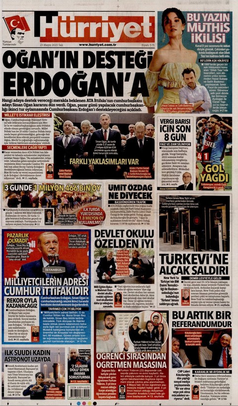 23 Mayıs'ta gazete manşetleri Sinan Oğan'ı kapağa taşıdı! İşte Türkiye'nin nabzını tutan gazetelerin manşetleri... - Resim: 1