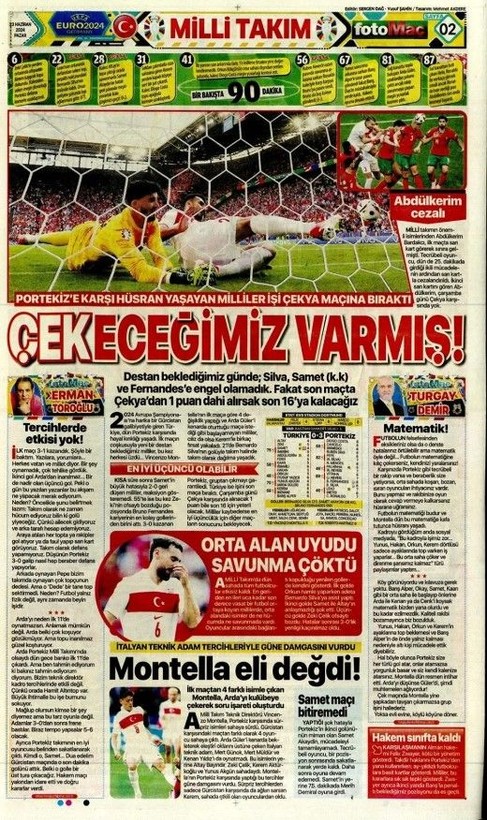 Türkiye - Portekiz karşılaşması: Montella’nın hatalı 11'i | 23 Haziran gazete manşetleri - Resim: 7
