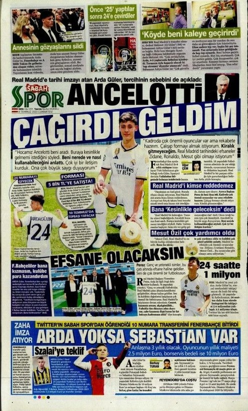 Avrupa basını Real Madrid'e transfer olan Arda Güler'i konuşuyor! Hepsi manşetlerine taşıdı | 8 Temmuz Cumartesi gazete manşetleri - Resim: 23