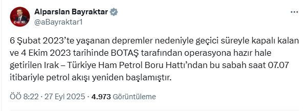Bakan Bayraktar duyurdu: Irak- Türkiye Petrol Hattı'nda akış yeniden başladı - Resim : 1
