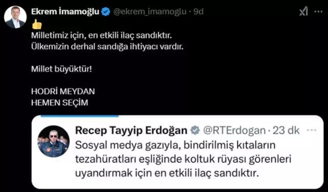 İmamoğlu, Cumhurbaşkanı Erdoğan'ın paylaşımını alıntılayıp yanıt verdi: "Hodri meydan" - Resim : 1