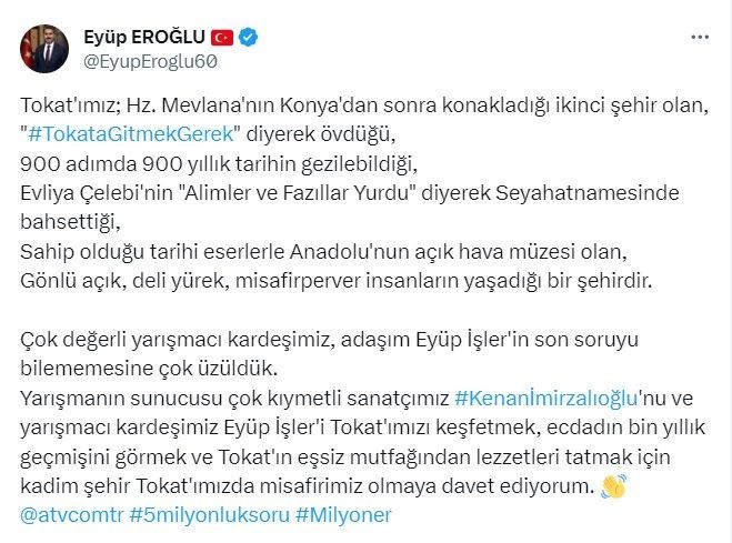 Tokat Belediye Başkanı Eyüp Eroğlu "Kim Milyoner Olmak İster?"de büyük ödülü kaybeden yarışmacıyı kente davet etti - Resim: 9