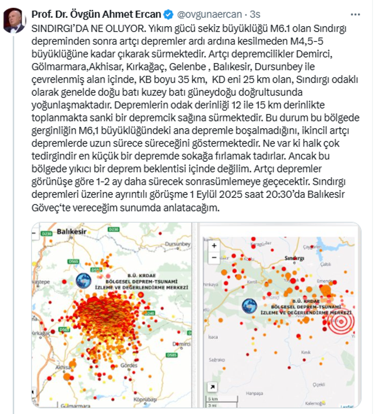 Prof. Dr. Övgün Ahmet Ercan'dan Sındırgı depremi sonrası açıklama - Resim : 1