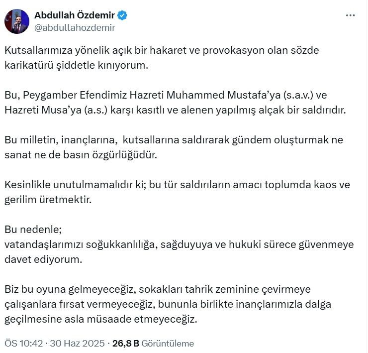 Siyasilerden Peygamber Efendimiz ve dini değerlere yönelik hakaret içeren karikatüre tepki - Resim: 6