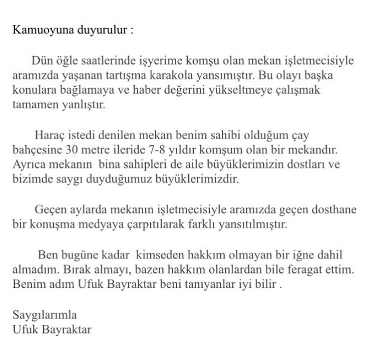 Haraç iddiasıyla gözaltına alınıp serbest bırakılan Ufuk Bayraktar'dan açıklama - Resim : 1