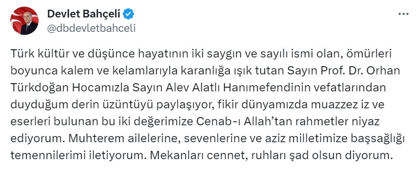 MHP lideri Devlet Bahçeli'den Alev Alatlı için taziye mesajı - Resim : 1