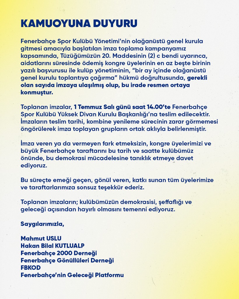 Fenerbahçe'de olağanüstü seçim için imzalar 1 Temmuz'da teslim edilecek - Resim : 1