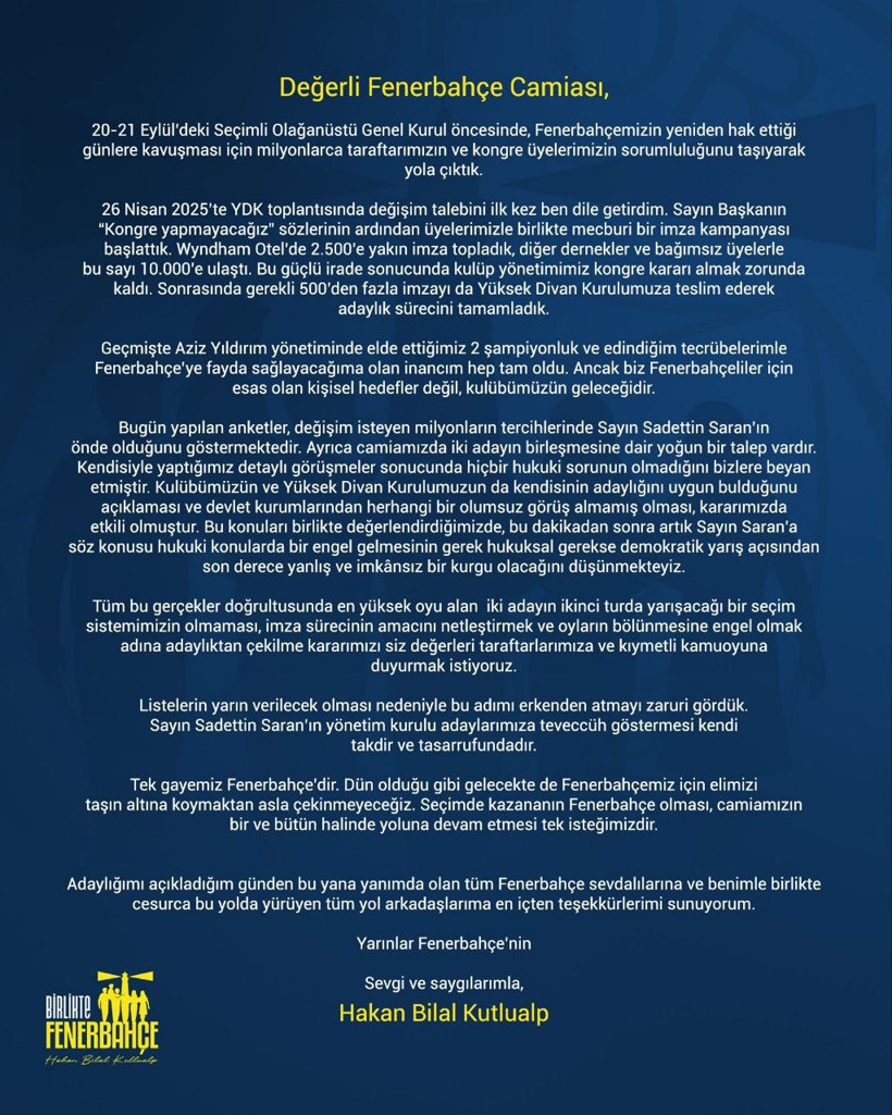 Hakan Bilal Kutlual, Fenerbahçe başkan adaylığından çekildi! Koç'la yarışa kalan Saran'dan açıklama geldi - Resim : 1