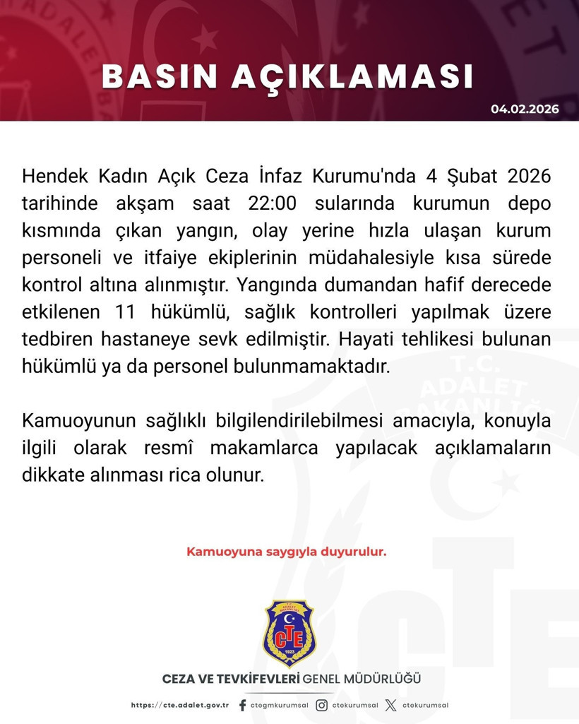 Hendek Kadın A&ccedil;ık Ceza İnfaz Kurumu'nda yangın: 11 h&uuml;k&uuml;ml&uuml; hafif yaralı - Resim : 1