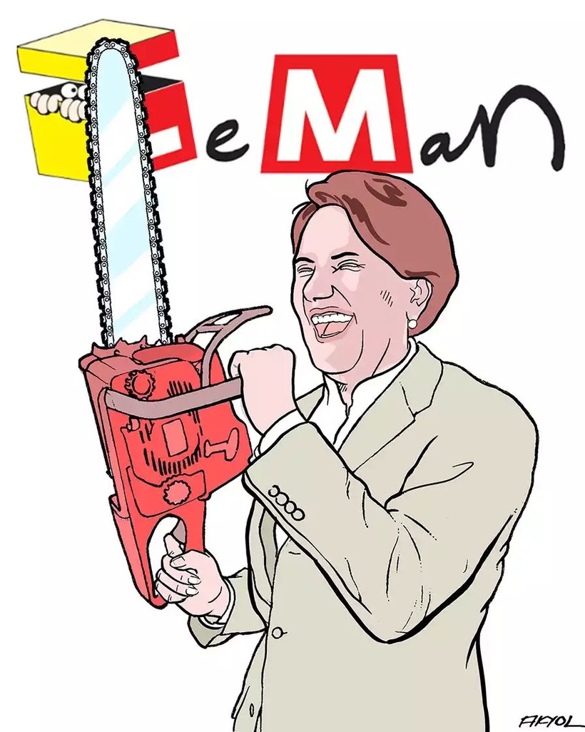 Leman dergisi, Millet İttifakı’ndan ayrılan İYİ Parti Genel Başkanı Meral Akşener’i elinde testereyle karikatürize etti - Resim : 1