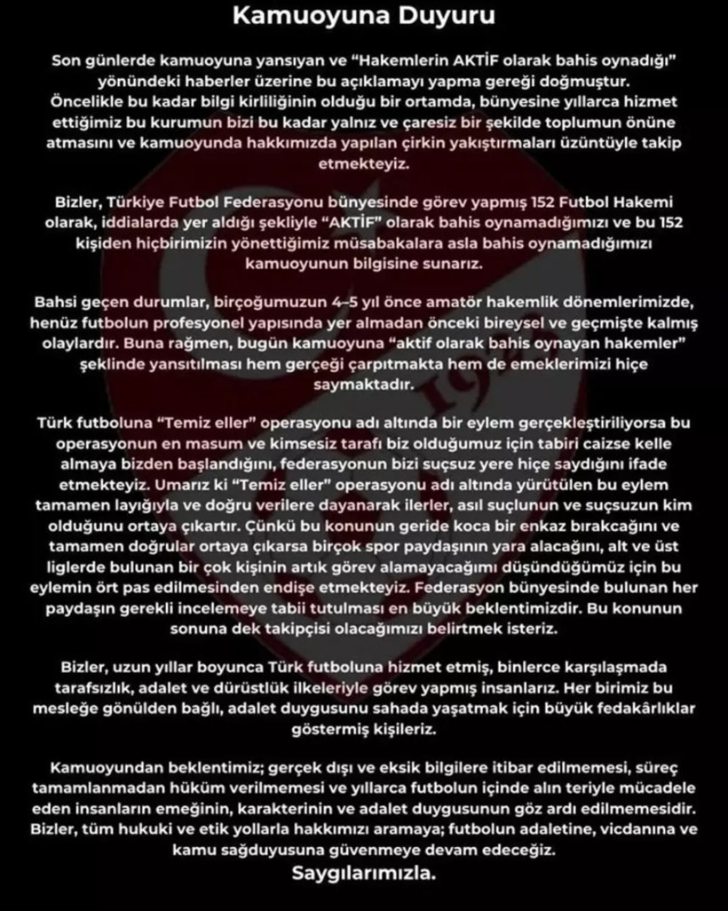 Bahis skandalında adı geçen futbol hakemlerinden ortak açıklama - Resim : 1