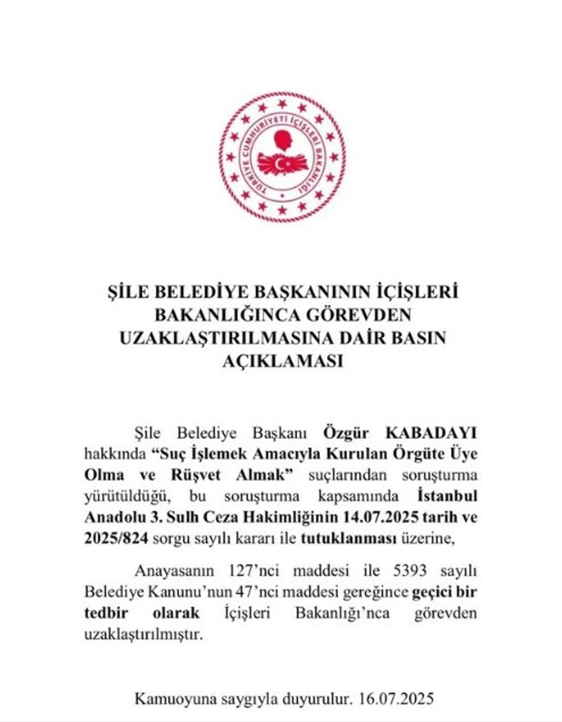 Şile Belediye Başkanı Özgür Kabadayı görevden uzaklaştırıldı - Resim : 1